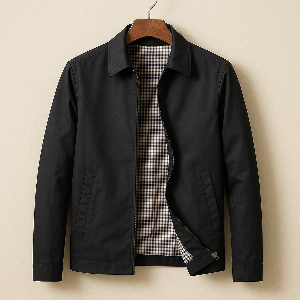 Men's Harrington Jacket Black - Zip-Up Cotton Blend Coat with Checked Lining