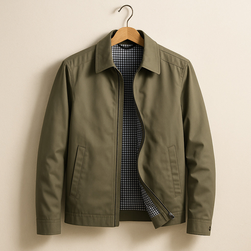 Men's Harrington Jacket Black - Zip-Up Cotton Blend Coat with Checked Lining