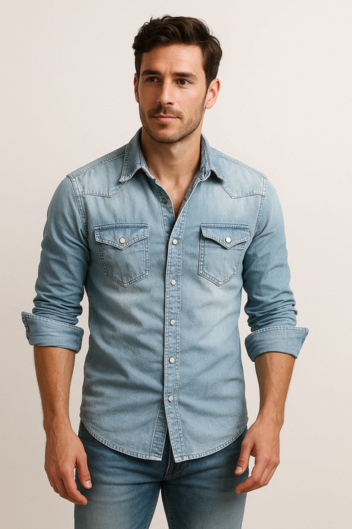 Men's Denim Shirt, Long Sleeve Casual Jeans Shirt with Chest Pockets