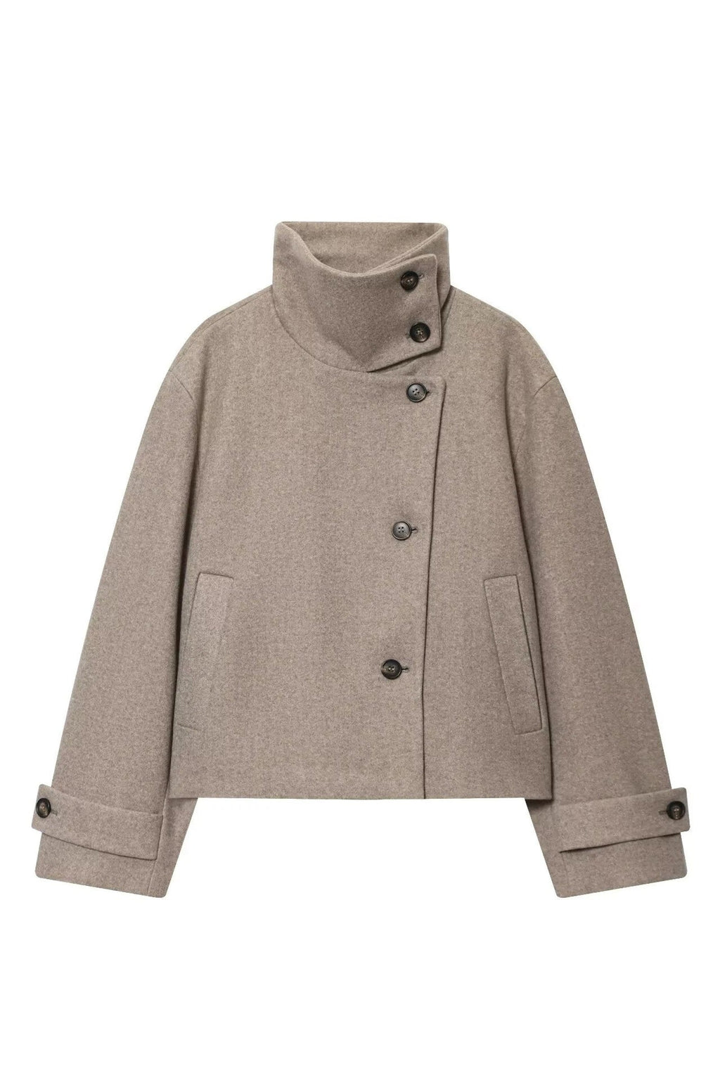 Women's Wool Blend Cropped Jacket, High Fold-Over Collar Short Winter Jacket