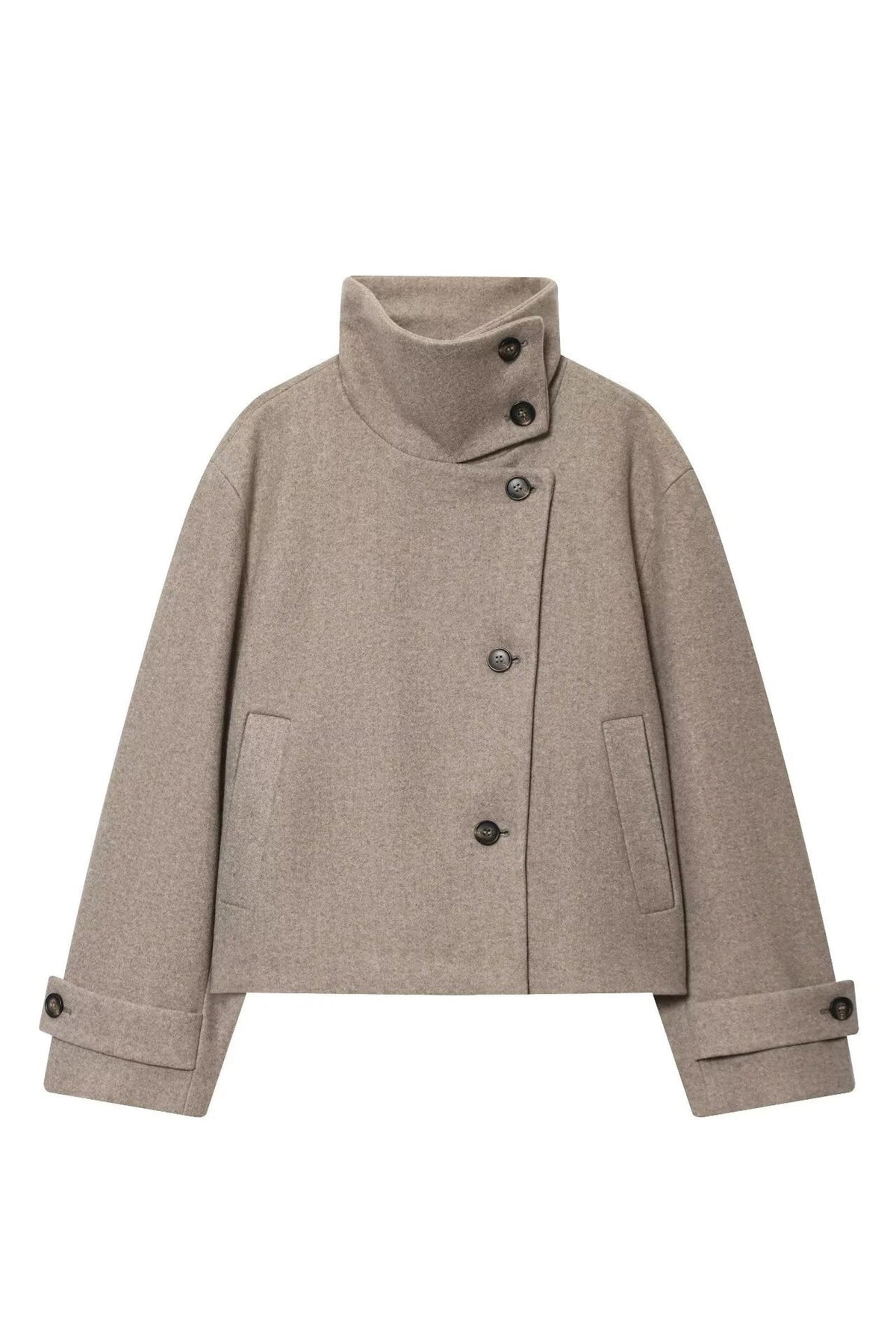 Women's Wool Blend Cropped Jacket, High Fold-Over Collar Short Winter Jacket