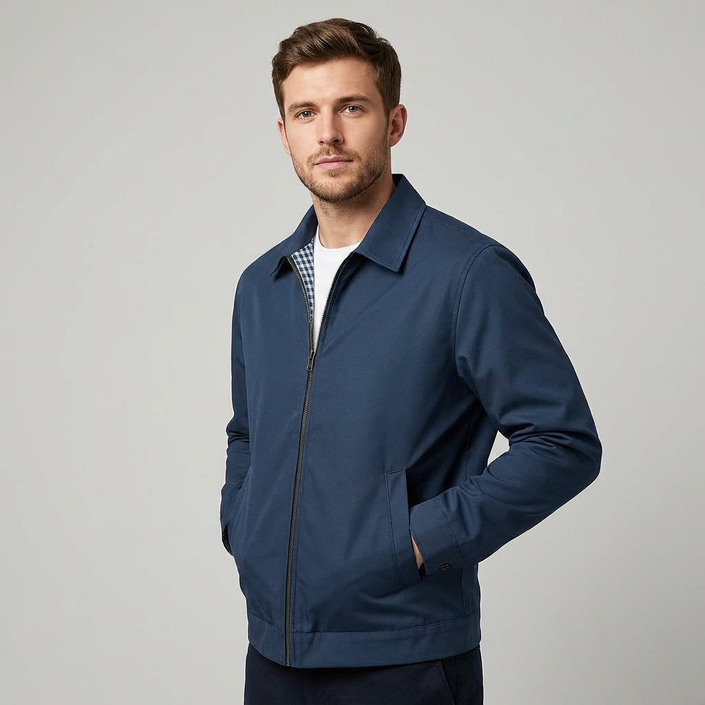 Men's Harrington Jacket Black - Zip-Up Cotton Blend Coat with Checked Lining