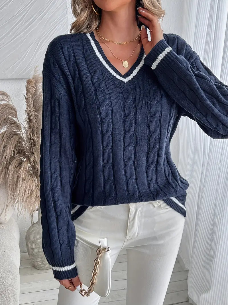 Women's V-Neck Cable Knit Jumper, Navy Striped Long Sleeve Sweater