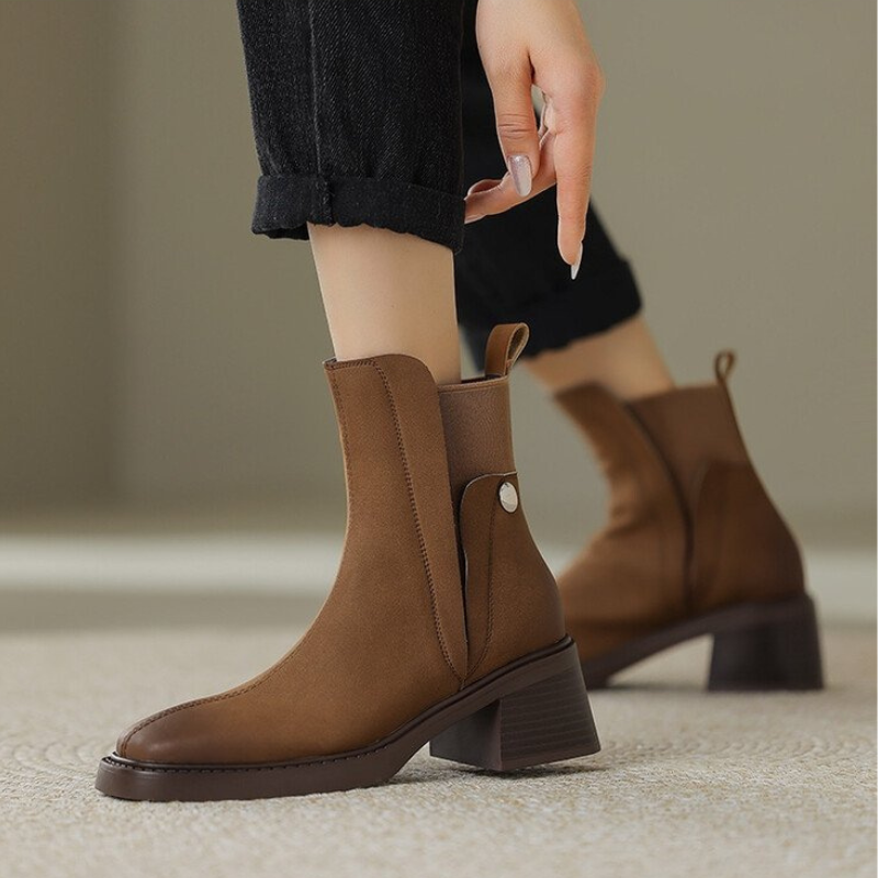 Women’s Leather Ankle Boots - Formal Chunky Heeled Shoes