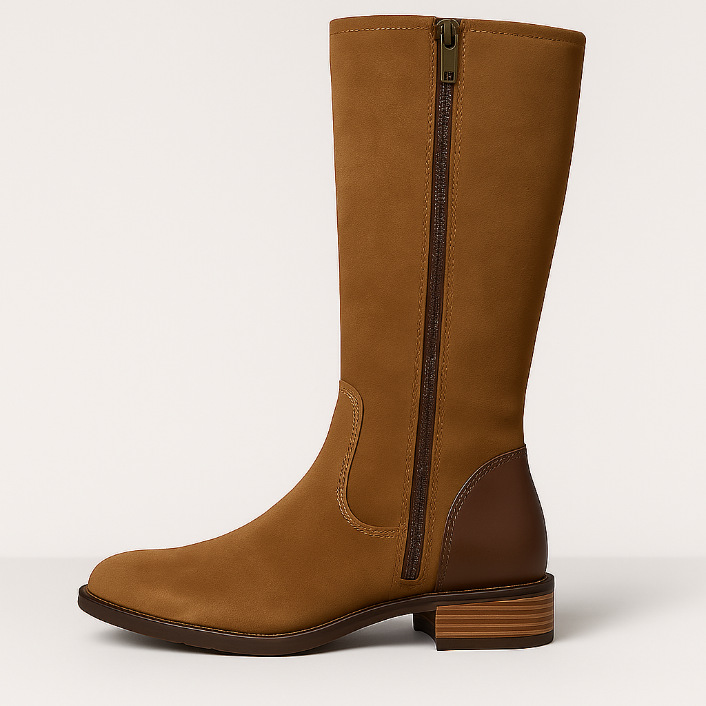 Women’s Knee-High Boots – Side zip, Suede look with small block heel Cara Ldn