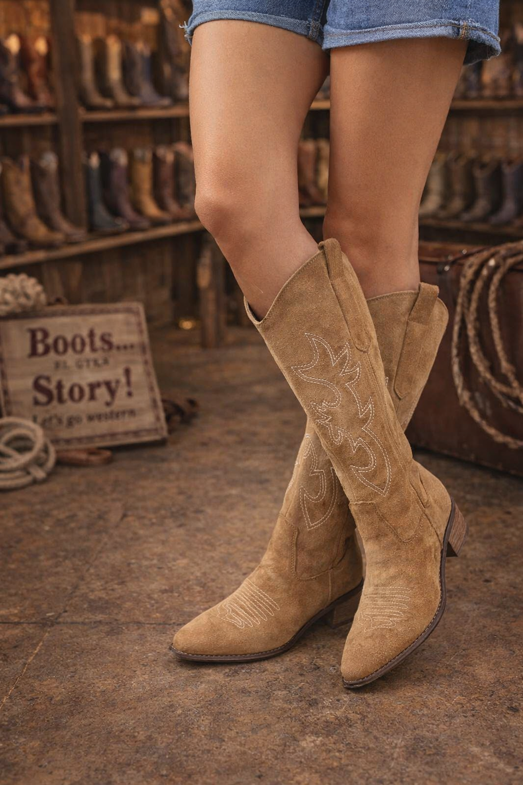 Bottes de cowgirl montantes pour femmes - Bottes de cowgirl en daim