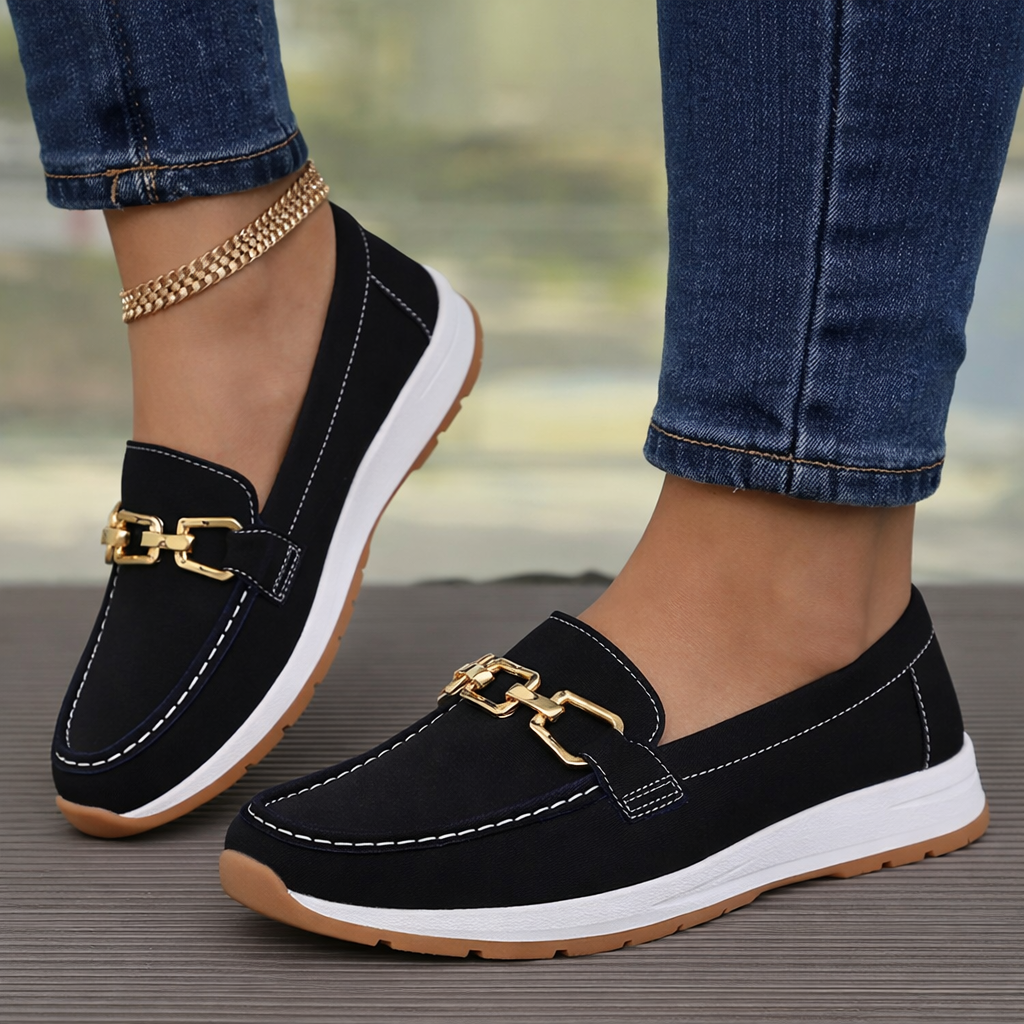 Women’s Orthopedic Suede Loafers – Elegant Chain Detail Comfort Slip-On Shoes