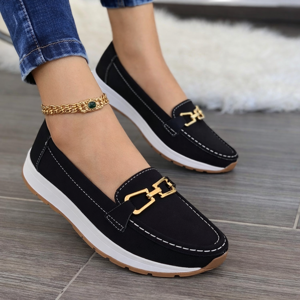 Women’s Orthopedic Suede Loafers – Elegant Chain Detail Comfort Slip-On Shoes