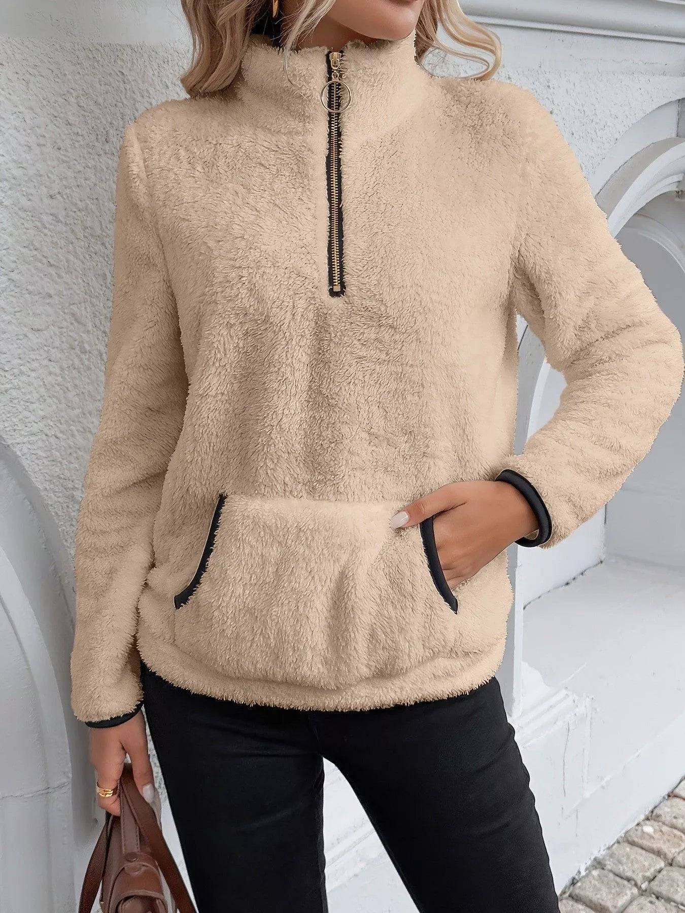 Women's Half-Zip Fleece Pullover, Teddy Sherpa Fleece Sweater – Kangaroo Pocket
