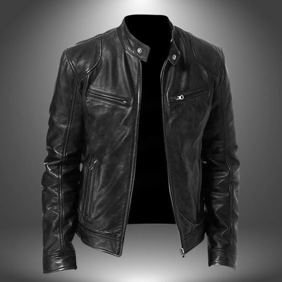 Men's Leather Biker Jacket - Black Zip-Up Stand Collar