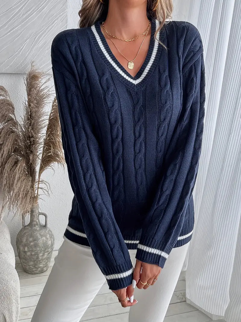Women's V-Neck Cable Knit Jumper, Navy Striped Long Sleeve Sweater
