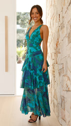 Women's Floral Maxi Summer Dress – Sleeveless V-Neck Draped Style