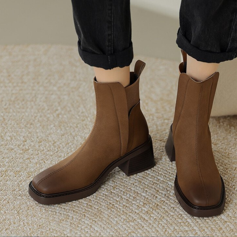 Women’s Leather Ankle Boots - Formal Chunky Heeled Shoes