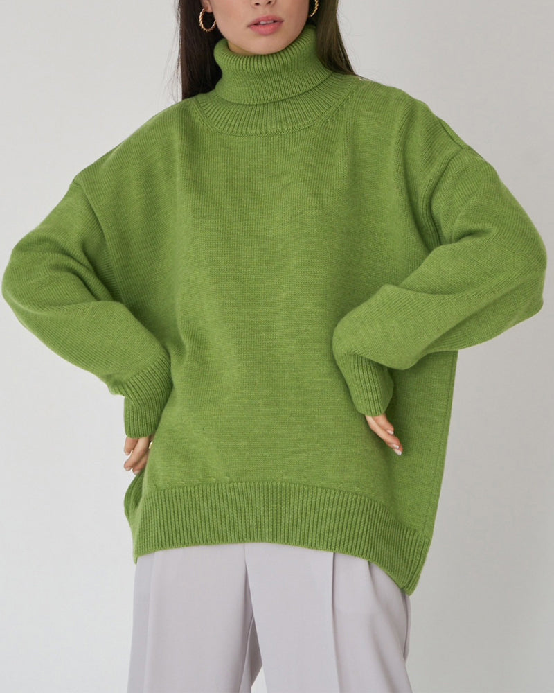 Women's Oversized Roll Neck Jumper, Knit Turtleneck Sweater – Drop Shoulder