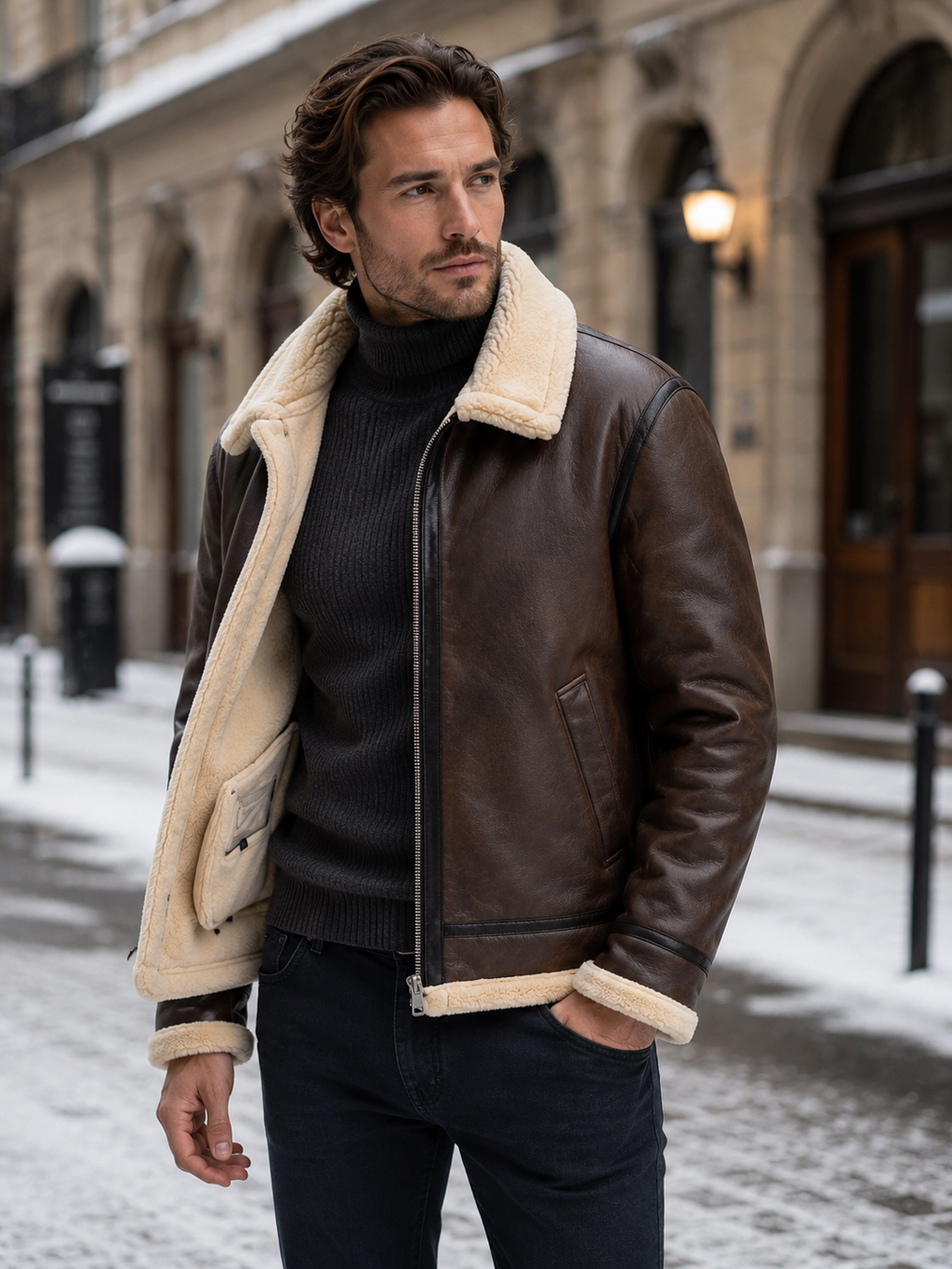 Men's Leather Aviator Jacket - Brown Shearling Sheepskin Flight Coat