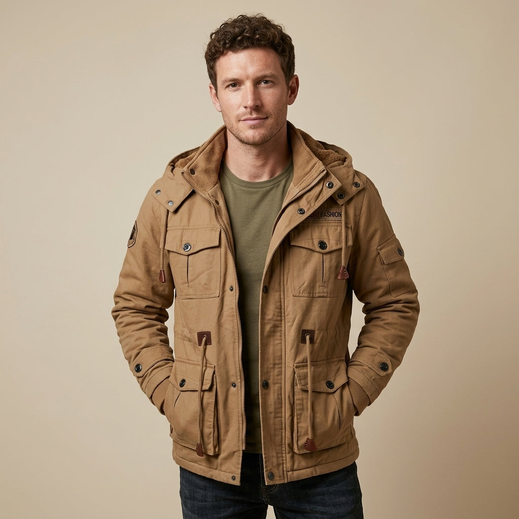 Men's Beige Full Zip Jacket Shirt Collar Fleece Lined Overshirt