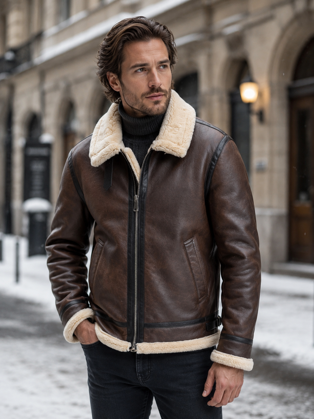 Men's Leather Aviator Jacket - Brown Shearling Sheepskin Flight Coat