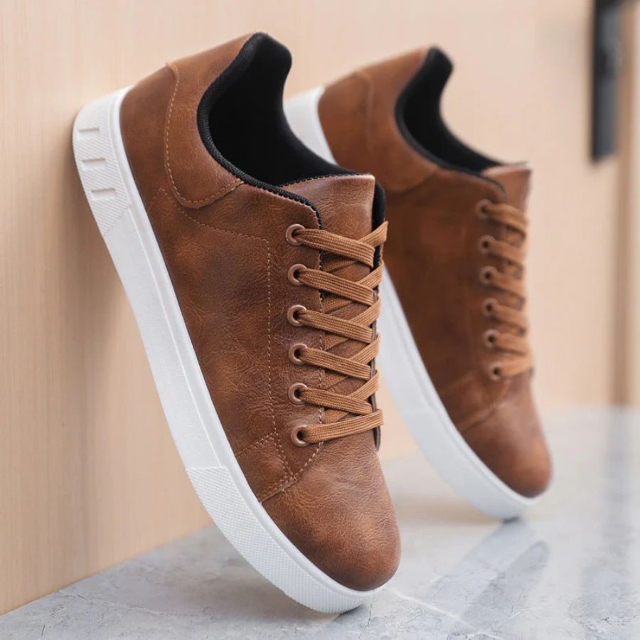 Men's Classic Leather Lace-Up Sneakers – Minimalist Low-Top Everyday Trainers