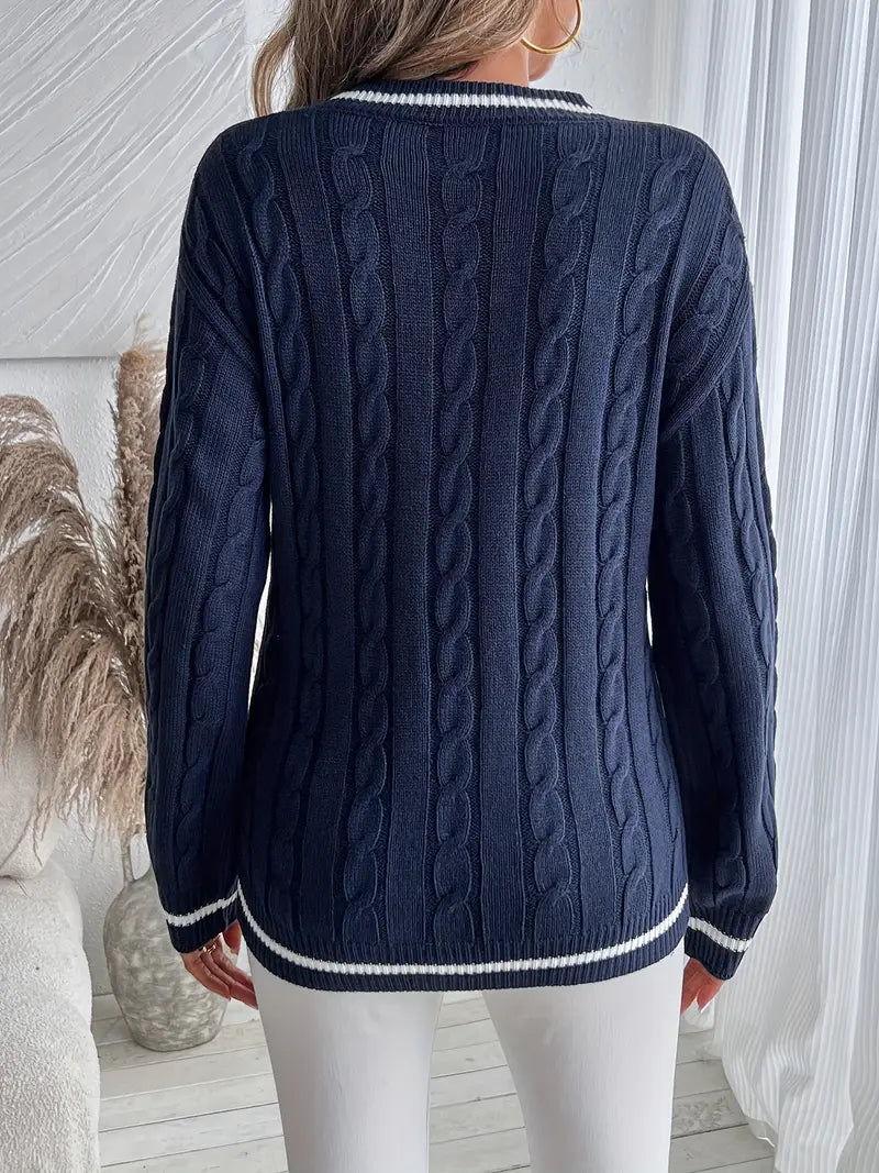 Women's V-Neck Cable Knit Jumper, Navy Striped Long Sleeve Sweater