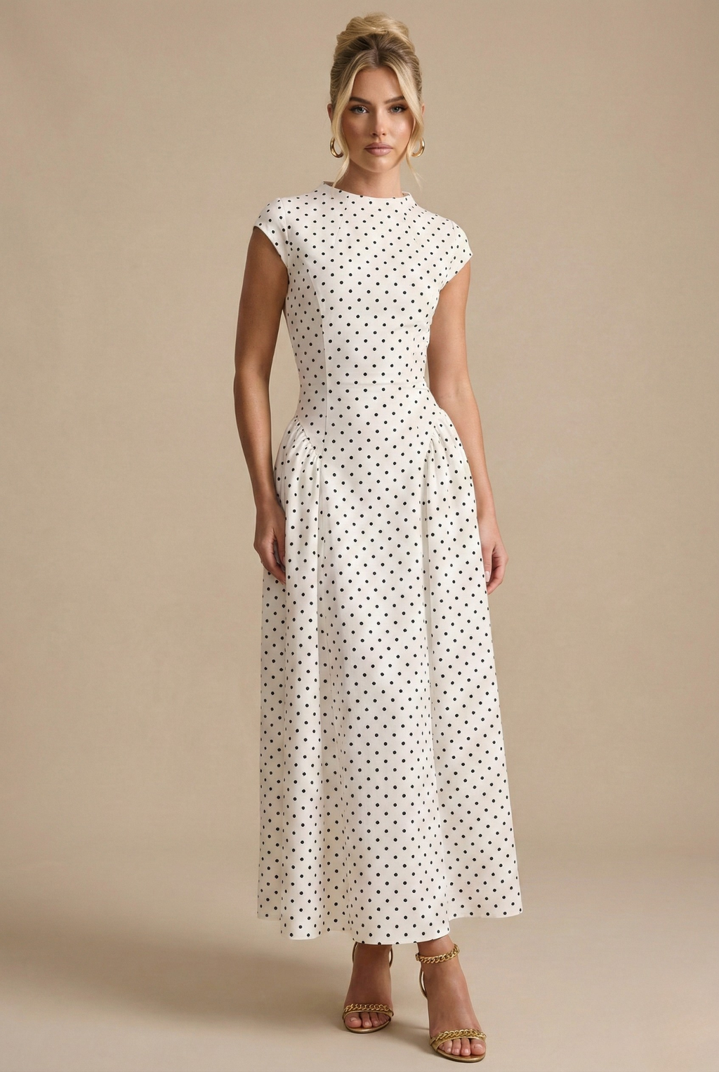 Women's Polka Dot Maxi Dress – High Neck Cap Sleeve Full Skirt