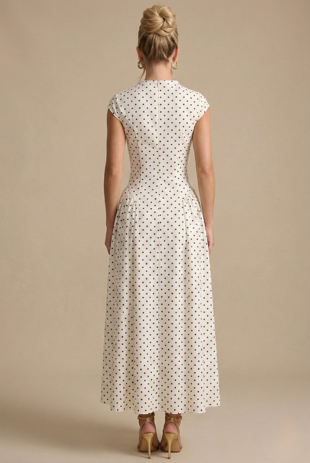 Women's Polka Dot Maxi Dress – High Neck Cap Sleeve Full Skirt