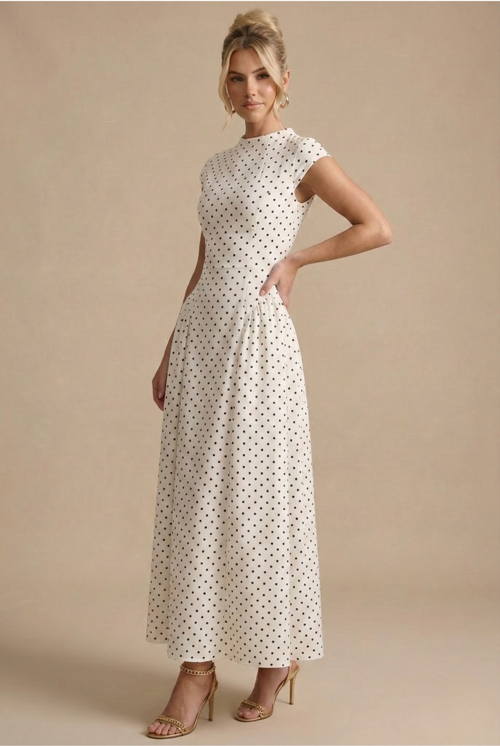 Women's Polka Dot Maxi Dress – High Neck Cap Sleeve Full Skirt