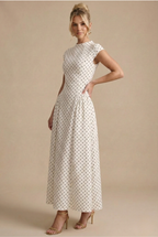 Women's Polka Dot Maxi Dress – High Neck Cap Sleeve Full Skirt
