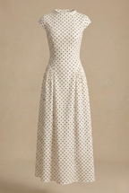 Women's Polka Dot Maxi Dress – High Neck Cap Sleeve Full Skirt