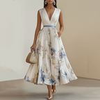 Women's Floral Print Midi Dress – Blue and White Ceremony Style