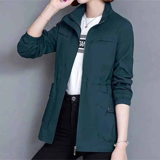 Women's Utility Jacket - Drawstring Waist Cotton Blend Coat in Yellow