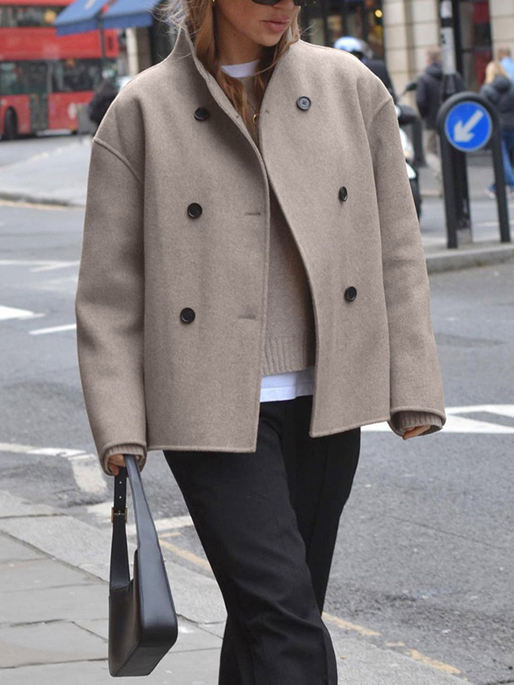 Women's Wool Coat, Short Double Breasted Pea Coat with Stand Collar – Taupe