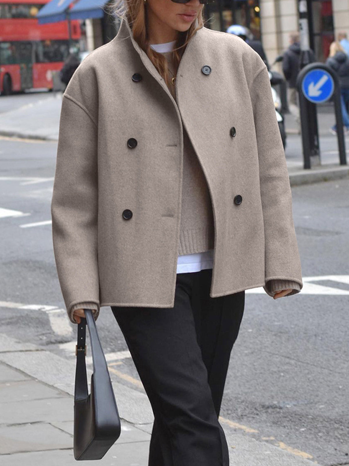 Women's Wool Coat, Short Double Breasted Pea Coat with Stand Collar – Taupe