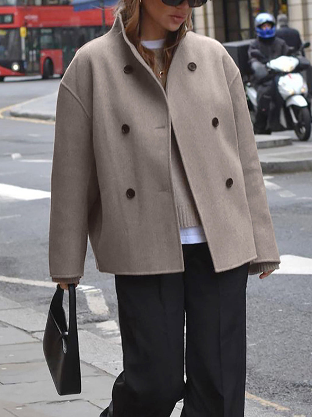 Women's Wool Coat, Short Double Breasted Pea Coat with Stand Collar – Taupe