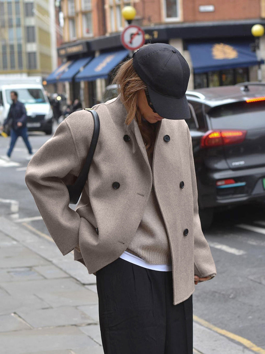 Women's Wool Coat, Short Double Breasted Pea Coat with Stand Collar – Taupe