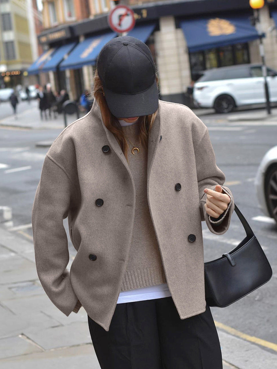 Women's Wool Coat, Short Double Breasted Pea Coat with Stand Collar – Taupe
