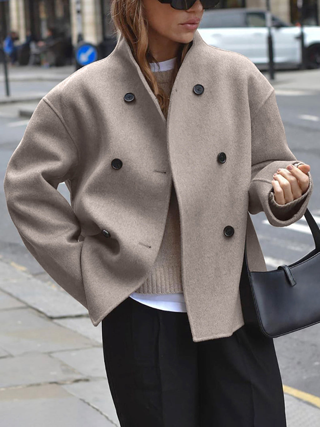 Women's Wool Coat, Short Double Breasted Pea Coat with Stand Collar – Taupe