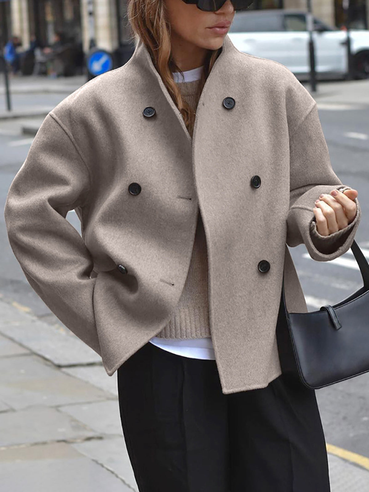 Women's Wool Coat, Short Double Breasted Pea Coat with Stand Collar – Taupe
