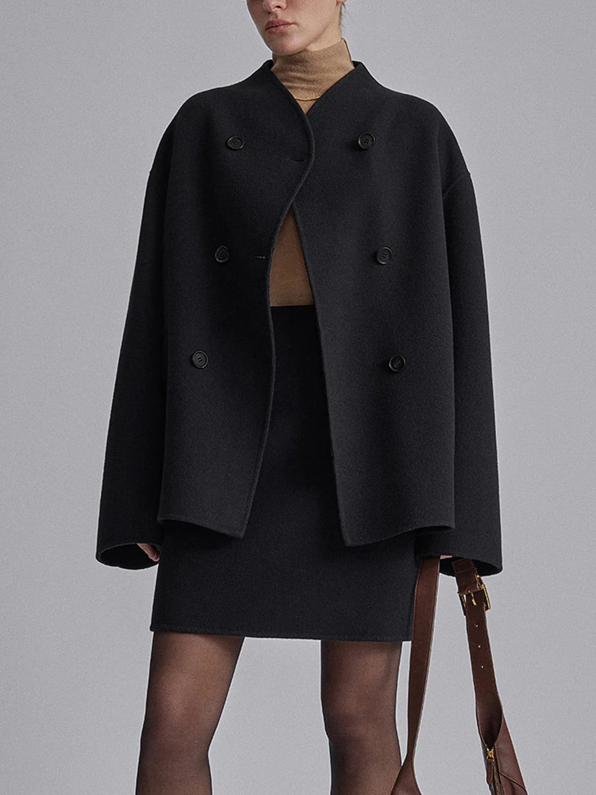 Women's Wool Coat, Short Double Breasted Pea Coat with Stand Collar – Taupe