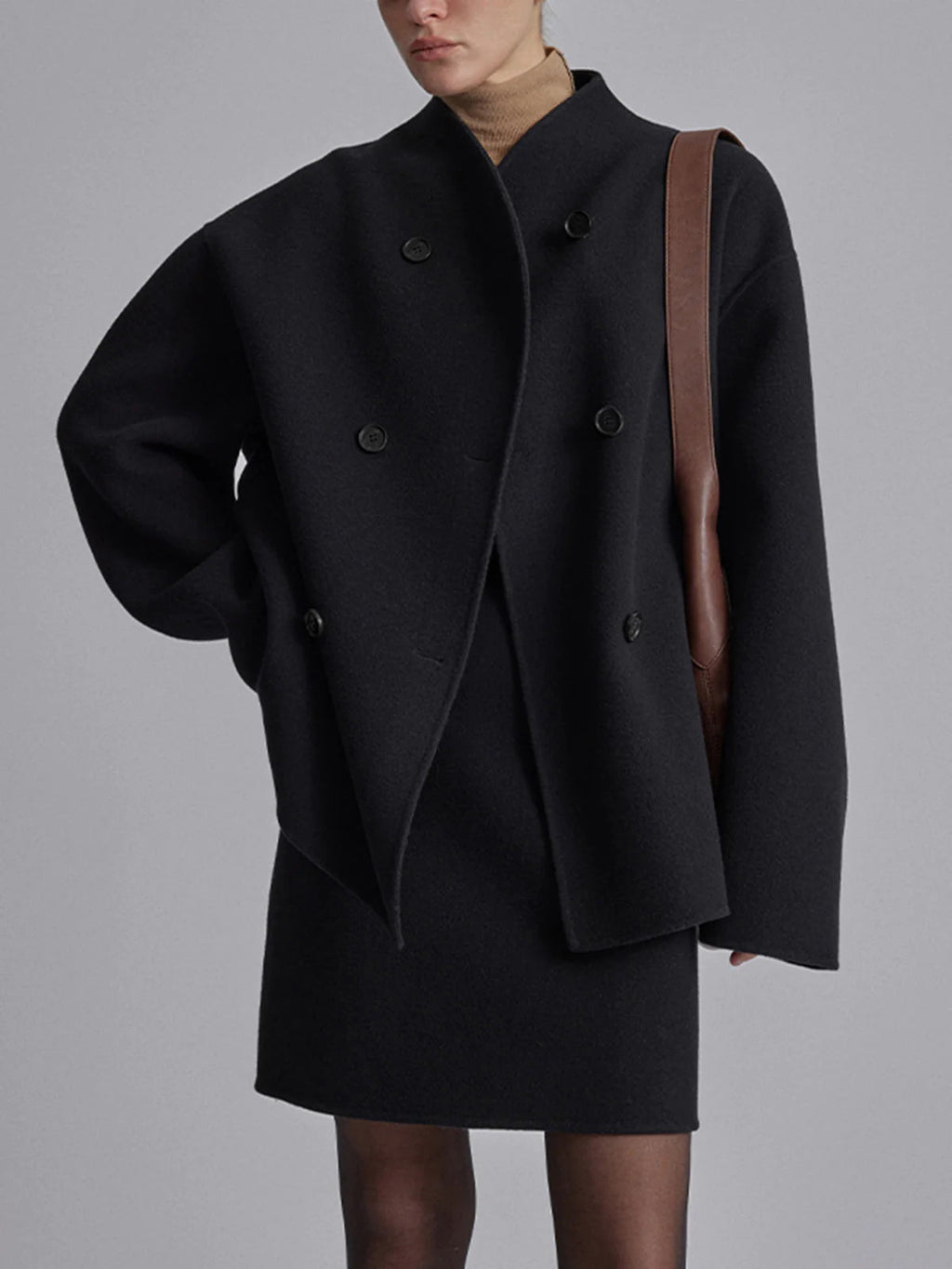 Women's Wool Coat, Short Double Breasted Pea Coat with Stand Collar – Taupe