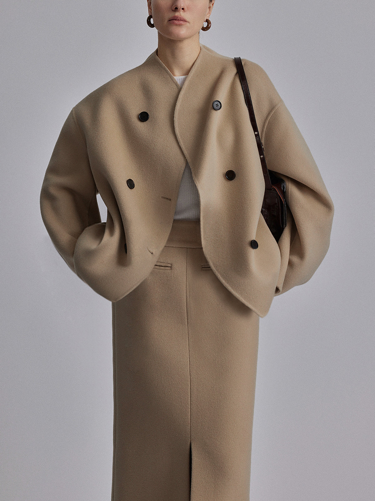 Women's Wool Coat, Short Double Breasted Pea Coat with Stand Collar – Taupe