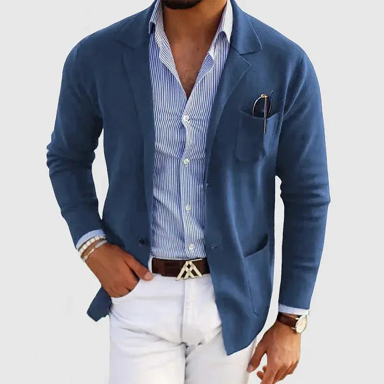 Men's Knit Blazer Cardigan with Notched Lapel - Beige