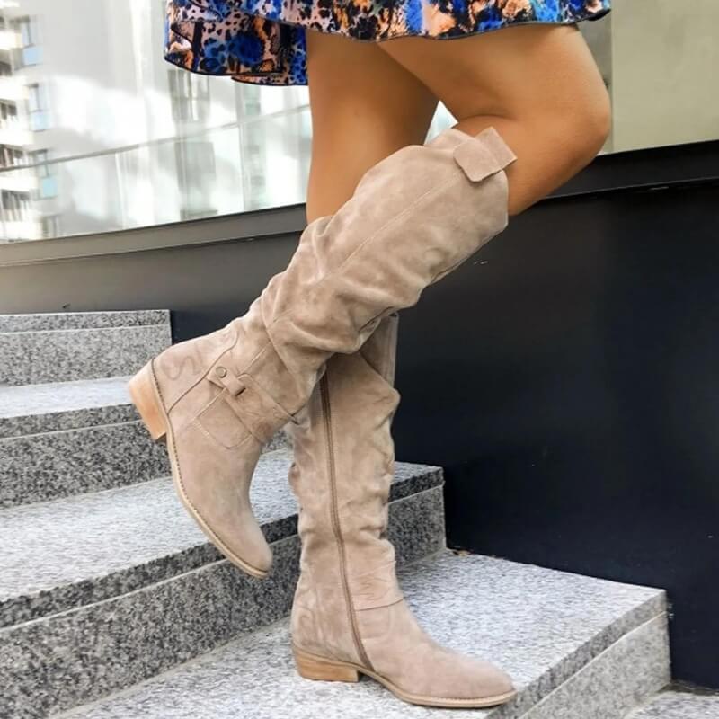 Women's Suede Knee High Boots, Classic Slouch Boots with Side Buckle and Low Stack Heel