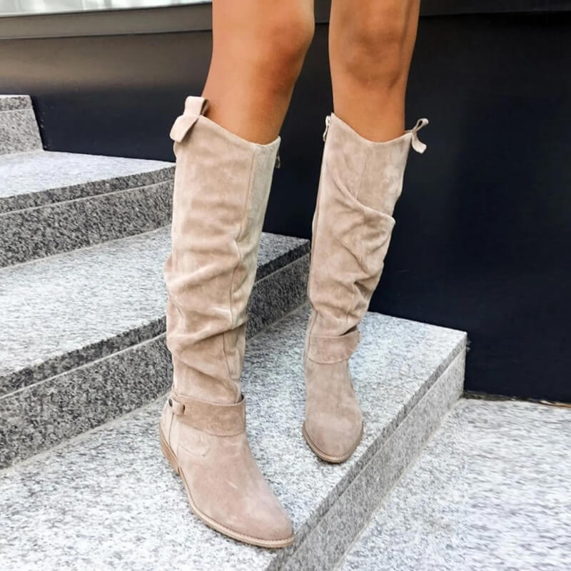 Women's Suede Knee High Boots, Classic Slouch Boots with Side Buckle and Low Stack Heel
