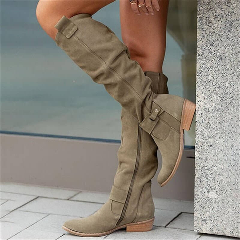 Women's Suede Knee High Boots, Classic Slouch Boots with Side Buckle and Low Stack Heel