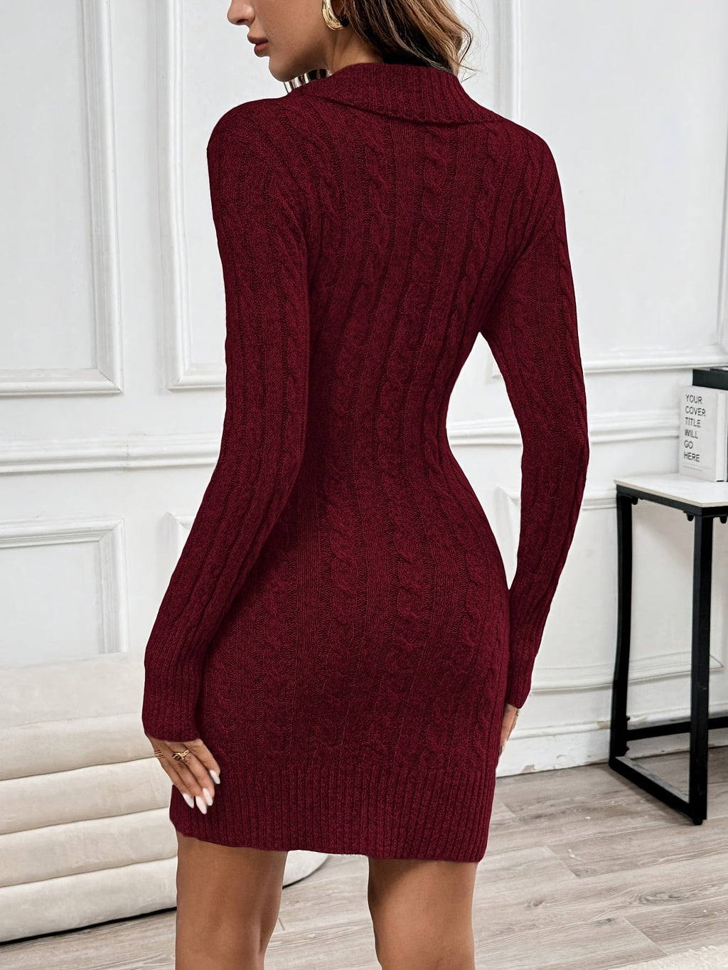 Women's V-Neck Cable Knit Jumper Dress, Bodycon Mini Dress with Gold Side Buttons