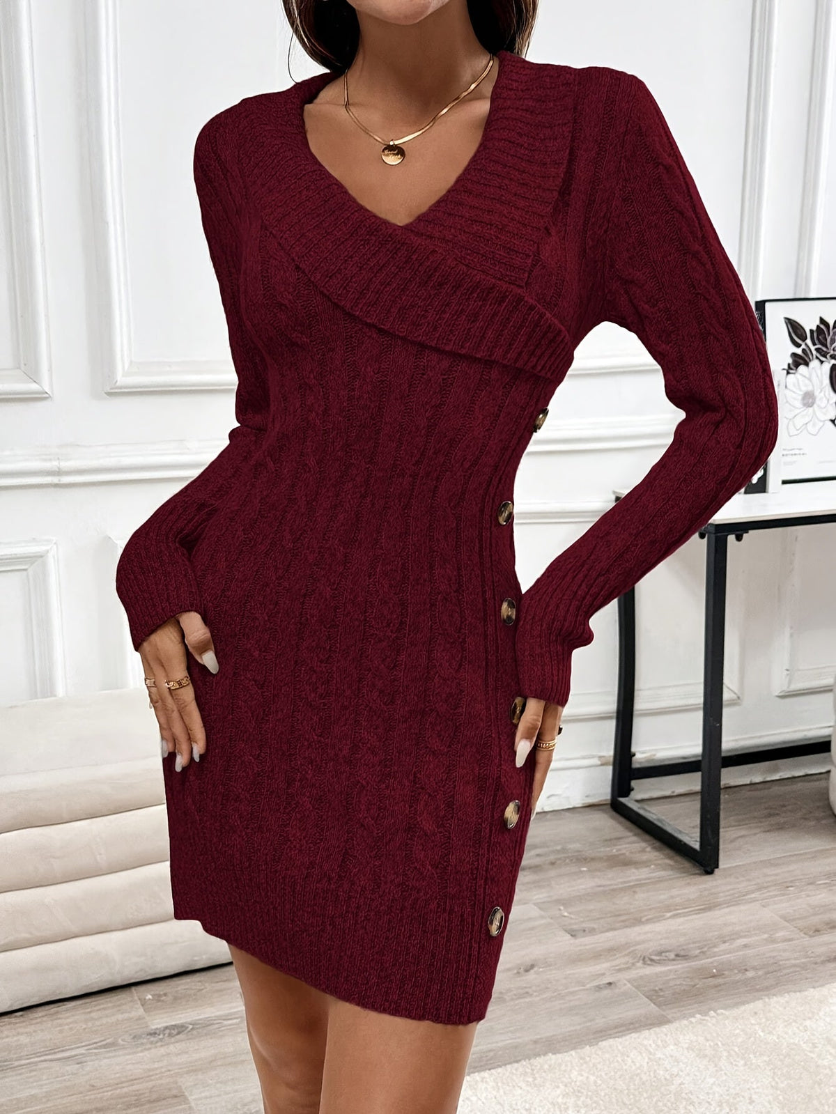 Women's V-Neck Cable Knit Jumper Dress, Bodycon Mini Dress with Gold Side Buttons