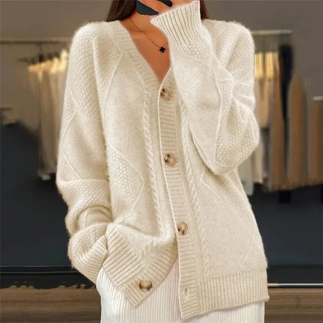 Women's Cashmere Cardigan - Chunky Knit Button Front Long Sleeve