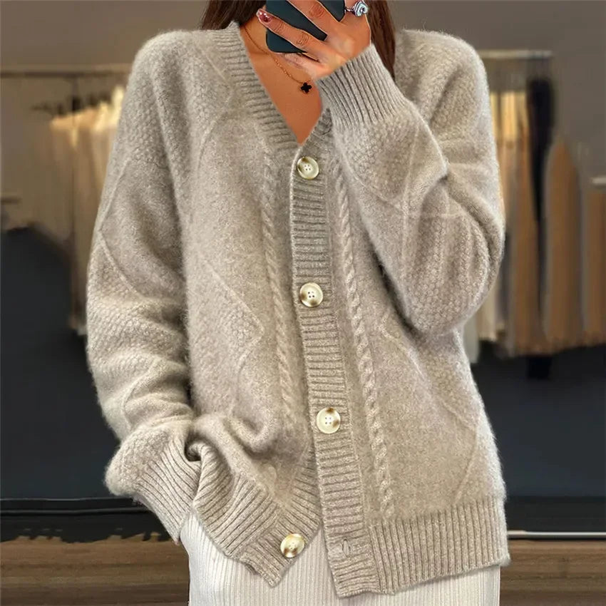 Women's Cashmere Cardigan - Chunky Knit Button Front Long Sleeve