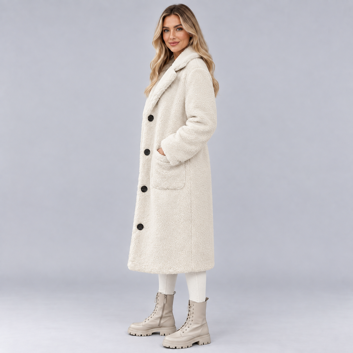 Women's Button-Front Faux Fur Teddy Coat, Fully Lined Straight-Cut Winter Coat