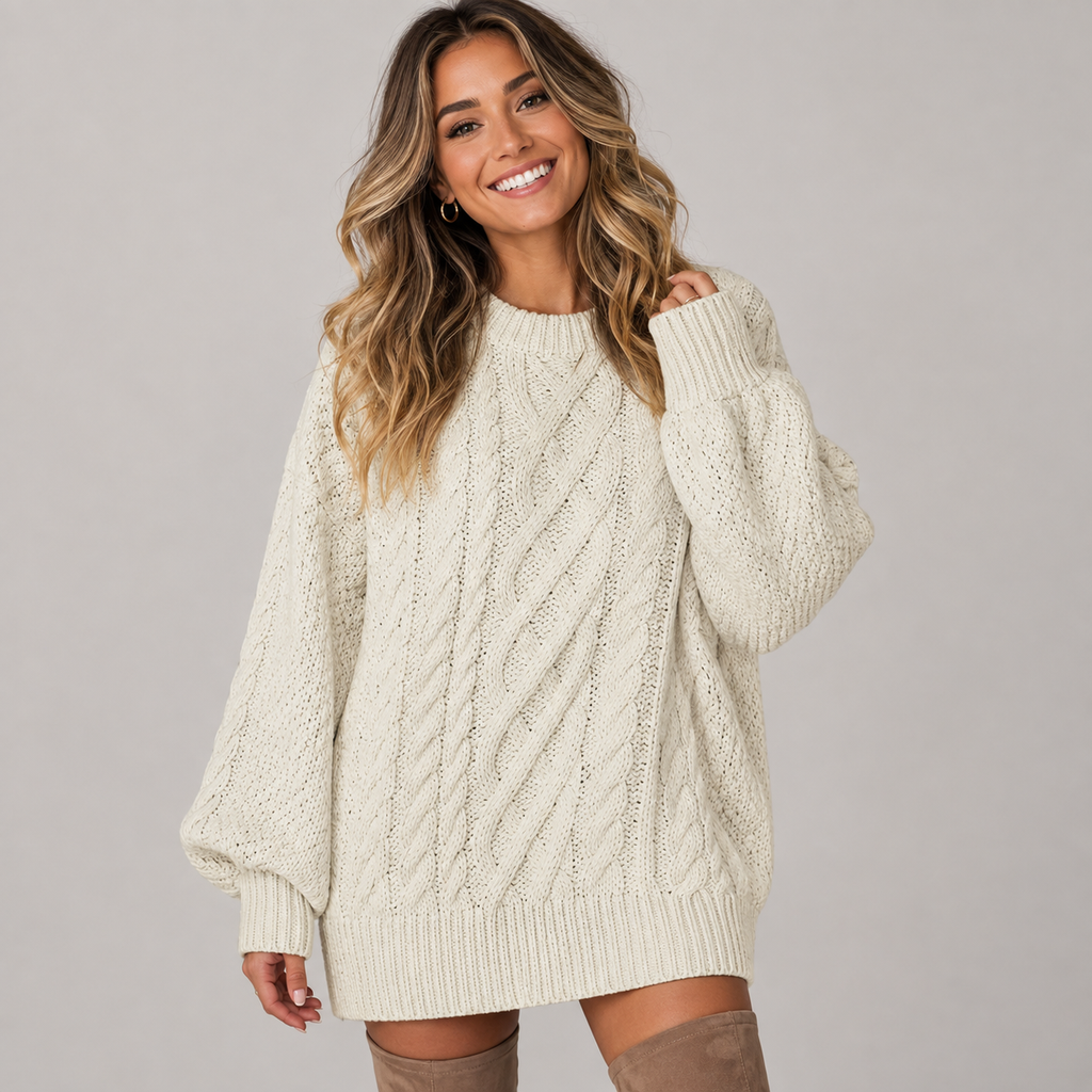 Women's Oversized Cable Knit Jumper Dress, Chunky Round Neck Dropped Shoulder Dress